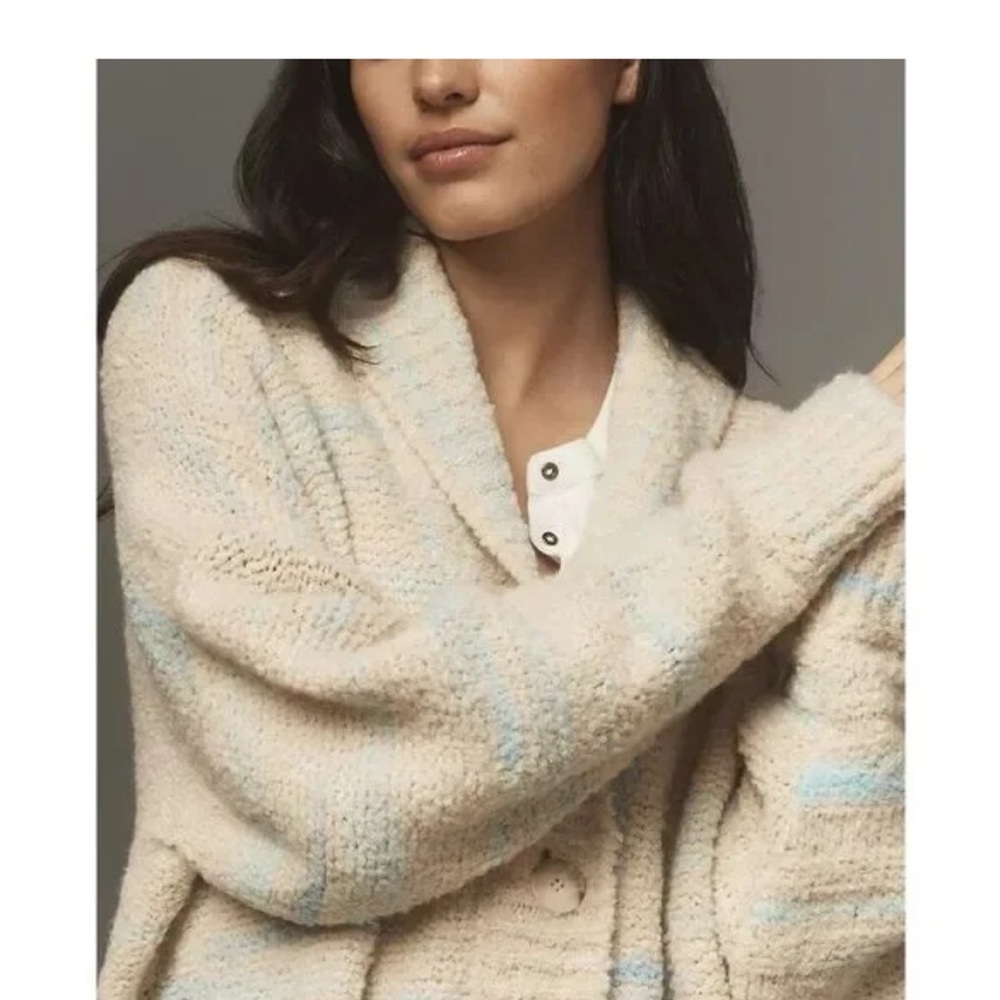Pilcro Oversized Cardigan Sweater 1X Wool Blend Chunky Boxy Ivory Blue Grandma - Picture 3 of 12